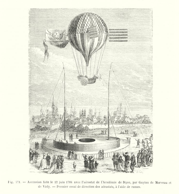 Opstigning foretaget den 12. juni 1784 med aerostaten fra Academy of Dijon, af Guyton de Morveau og de Virly, Første test af retning af aerostater, ved hjælp af årer (gravering) af European School