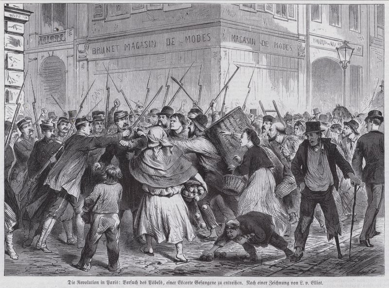 Forsøg fra en pøbel på at befri en fange, der bliver eskorteret under bevogtning, Paris Commune af European School