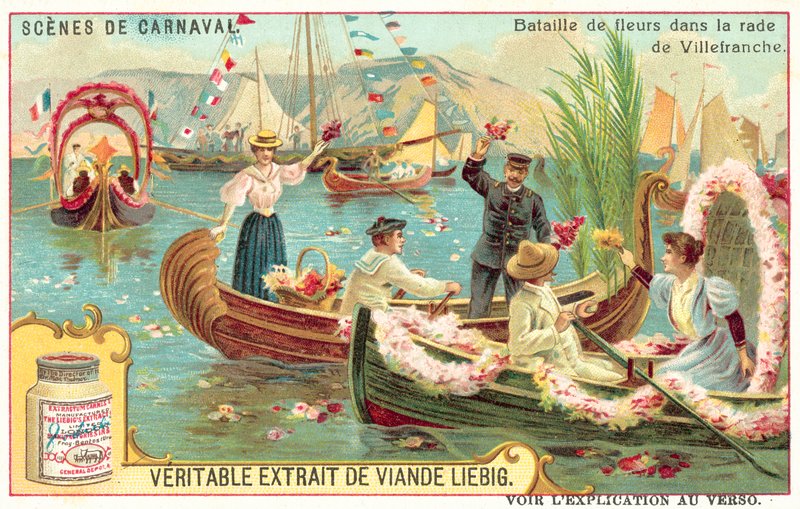 Slaget om blomster i havnen i Villefranche, Frankrig (chromolitho) af European School