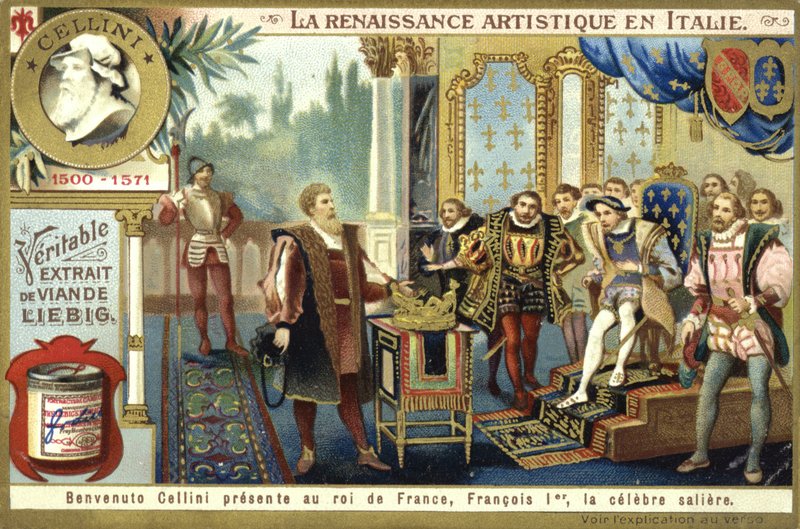 Benvenuto Cellini presenting his salt cellar to King Francis I of France  af European School