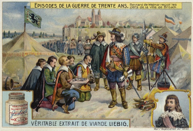 Bernard of Saxe-Weimar receiving the keys to the town of Breisach, 1638  af European School