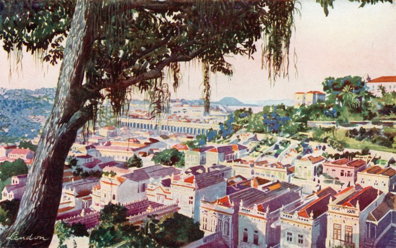 Fugleperspektiv af den gamle Carioca-viadukt, som de elektriske sporvogne i dag kører over til Santa Thereza-bjerget, International Hotel og Corcovado (farvelitografi). af European School