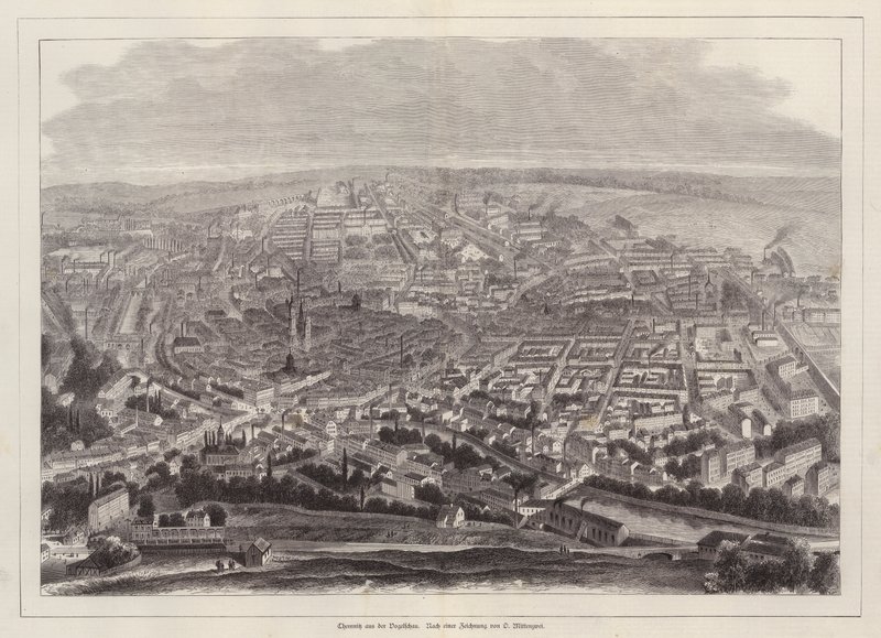 Fugleperspektiv af Chemnitz, Tyskland (gravering) af European School