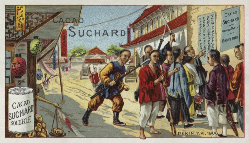 Boksere på en gade i Beijing, Kina, Boxer Rebellion, 7. juni 1900 af European School