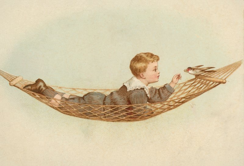 Dreng ligger i en hængekøje og fodrer en fugl (chromolitho) af European School