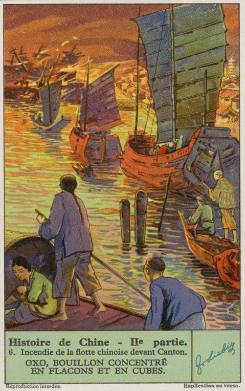 Afbrænding af den kinesiske flåde ved Canton (chromolitho) af European School