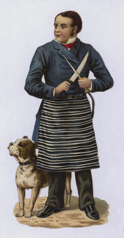 Slagter, slibekniv, med hund af European School
