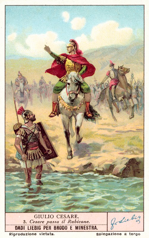 Cæsar krydser Rubicon, 49 f.Kr. (chromolitho) af European School
