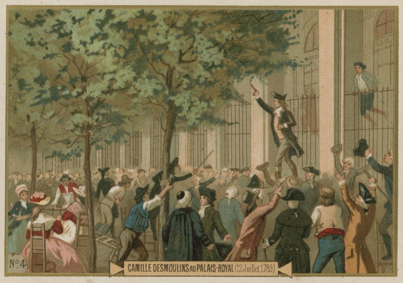Camille Desmoulins udsender sin opfordring til våben uden for Palais Royal, Paris, den franske revolution, 12. juli 1789 af European School