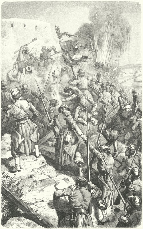 Tilfangetagelse af Malakoff Redoubt under belejringen af Sevastopol, 8. september 1855 (gravering) af European School