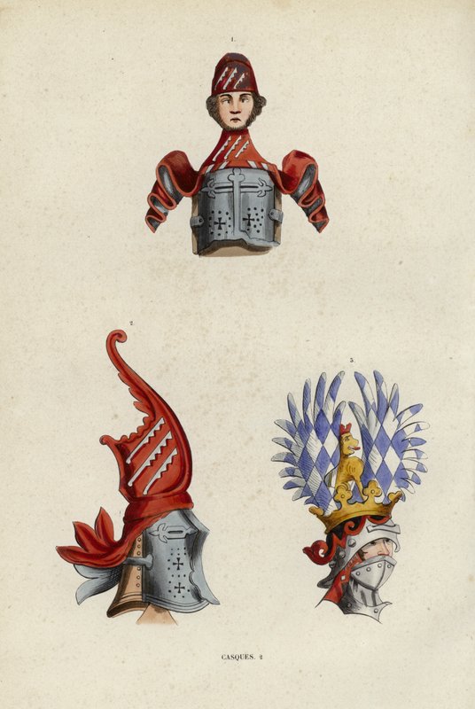 Casques (farvet gravering) af European School