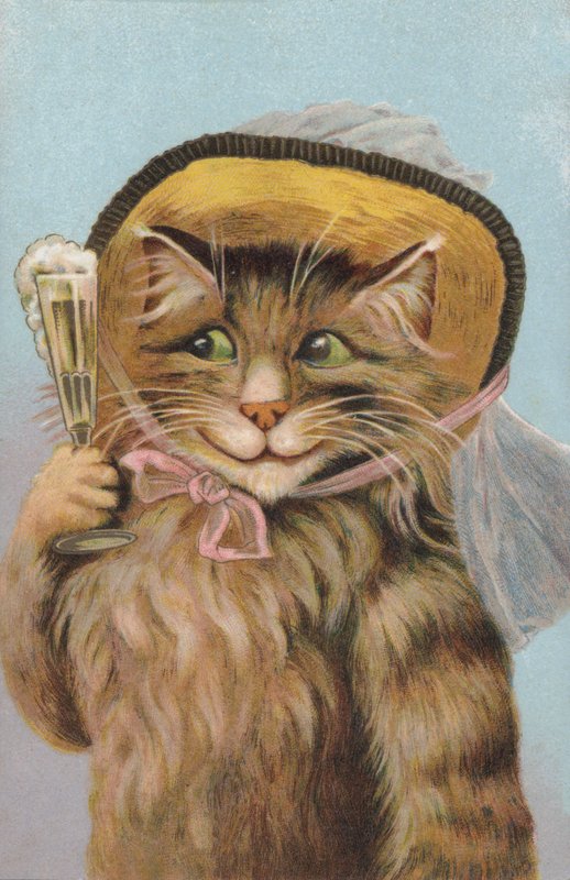 Kat med hat og et glas champagne i hånden (chromolitho) af European School