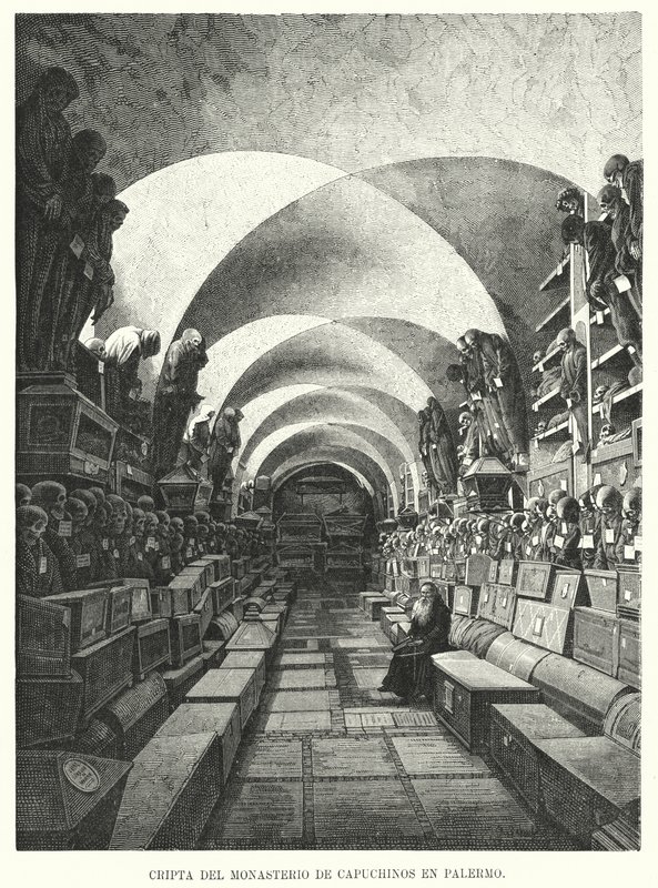 Katakomberne i Capuchin-klosteret, Palermo, Sicilien, Italien (litho) af European School