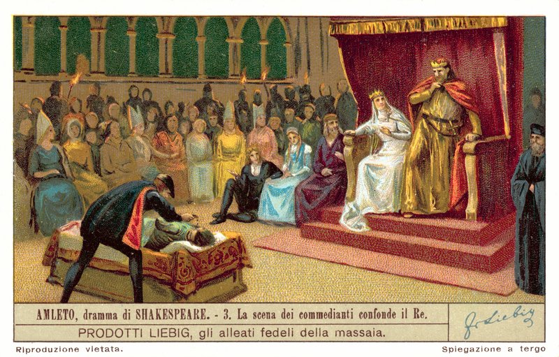 Claudius reagerer på scenen, der skildrer mordet på spillerkongen (chromolitho) af European School