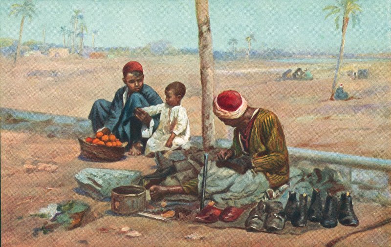 Skomager og børn, Egypten (farvelitografi) af European School