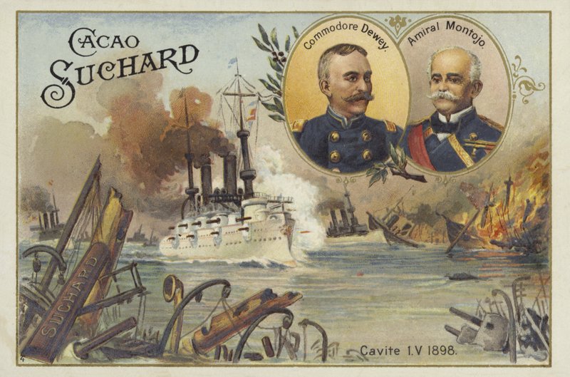 Commodore George Dewey og admiral Patricio Montojo, Slaget ved Manila Bay, spansk-amerikansk krig, 1. maj 1898 af European School