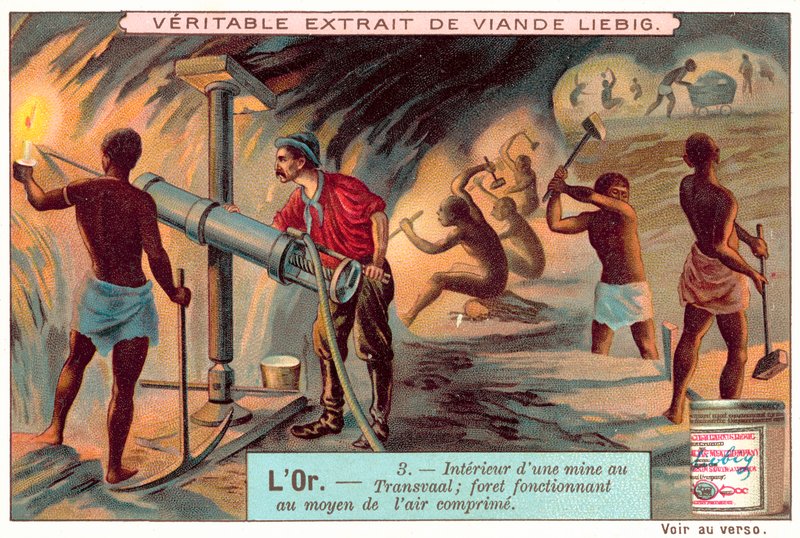 Trykluftbor i en guldmine i Transvaal (chromolitho) af European School