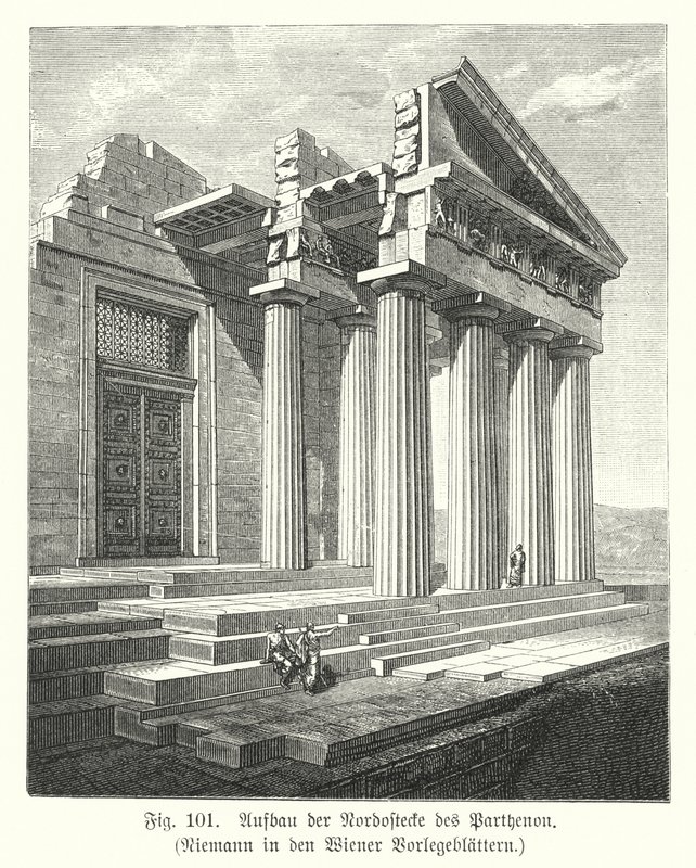 Konstruktion af det nordøstlige hjørne af Parthenon, Athen, Antikkens Grækenland (gravering) af European School