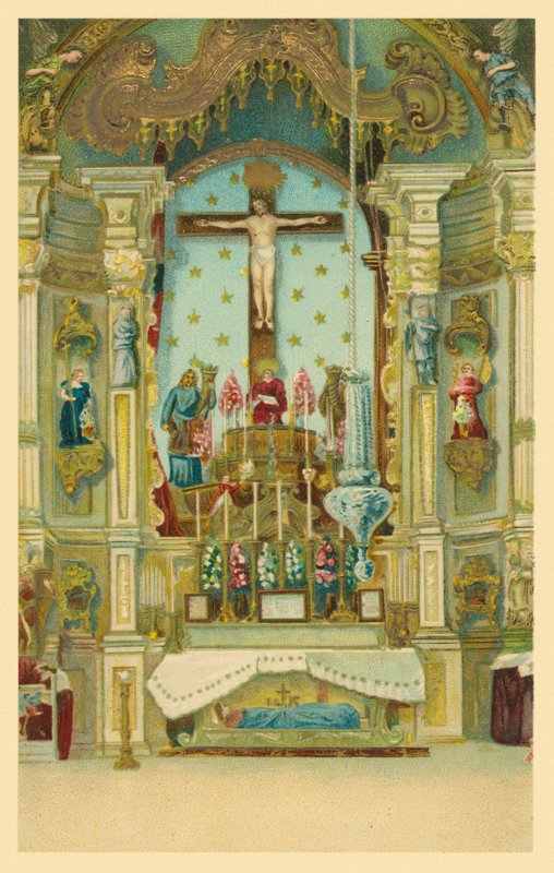 Korsfæstet Kristusfigur over et kirkealter (chromolitho) af European School