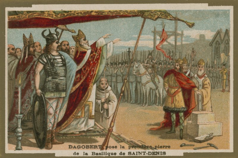 Dagobert I lægger den første sten af Basilica of St Denis, Frankrig, 7. århundrede af European School