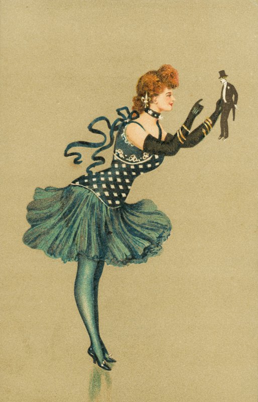 Danser holder en lille figur af en mand (chromolitho) af European School