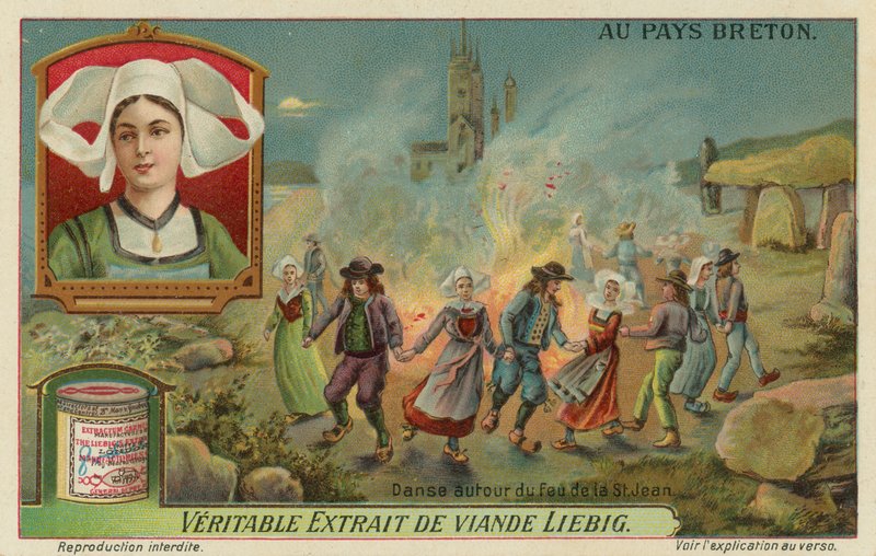 Dans rundt om bålet på Johannesaften (midsommer) (chromolitho) af European School