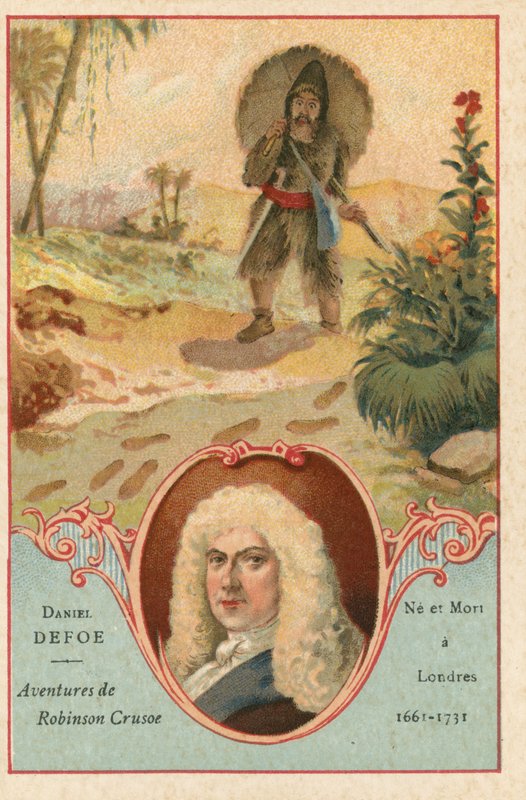 Daniel Defoe, engelsk romanforfatter, og en scene fra Robinson Crusoe af European School