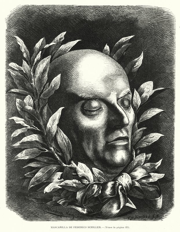 Dødsmaske af den tyske digter Friedrich Schiller (litho) af European School