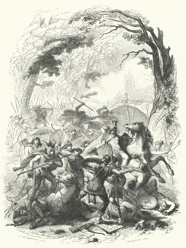 Nederlag af den romerske hær under Sabinus og Cotta af gallerne, 54 f.Kr. (gravering) af European School