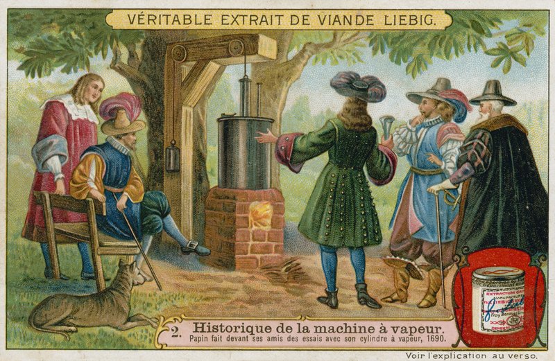 Denis Papin conducting trials of his piston steam engine in front of his friends, Marburg, Germany, 1690  af European School