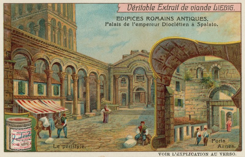 Diocletians Palads i Split i Kroatien med detalje af kolonnaden og den sydlige havport (chromolitho) af European School