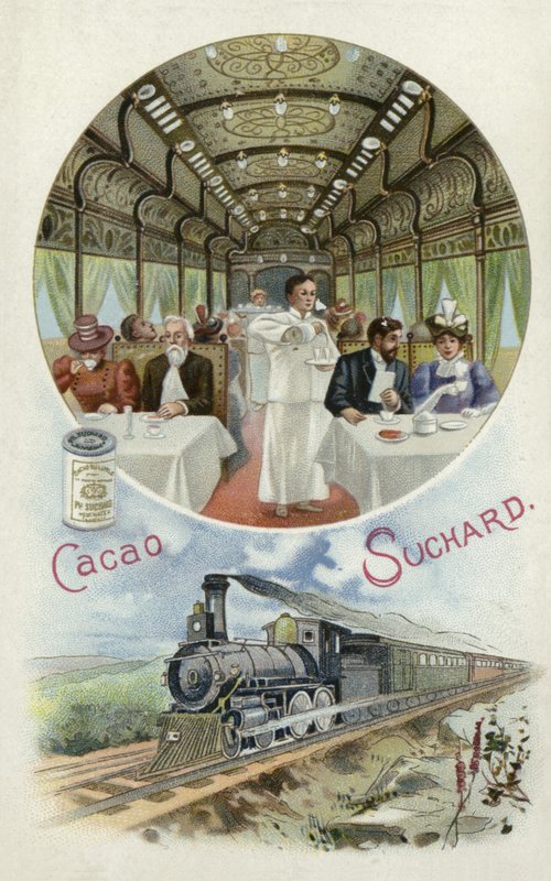 Drikker Suchard kakao i spisevognen i et tog af European School