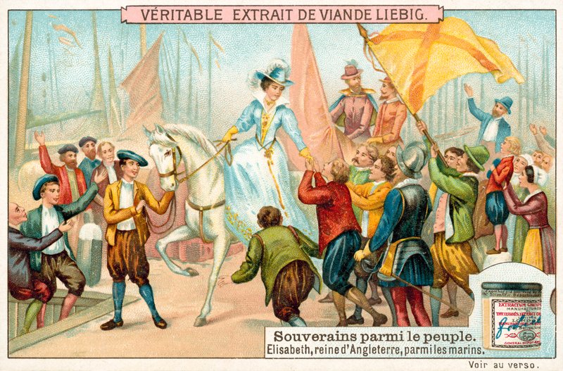 Elizabeth I af England blandt hendes flådes sømænd (chromolitho) af European School