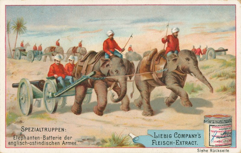Engelske soldater trukket af elefanter i Indien, Liebig-kort, begyndelsen af det 20. århundrede (chromo) af European School