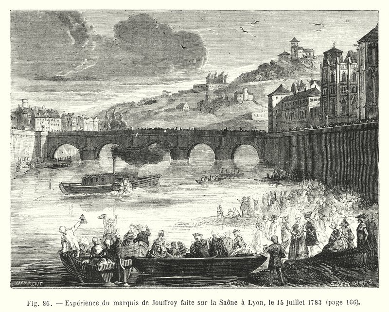 Oplevelse af Marquis de Jouffroy lavet på Saone i Lyon, 15. juli 1783 (gravering) af European School
