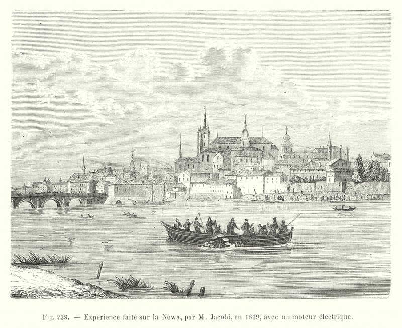 Oplevelse lavet på Newa, af M Jacobi, i 1839, med en elektrisk motor (gravering) af European School