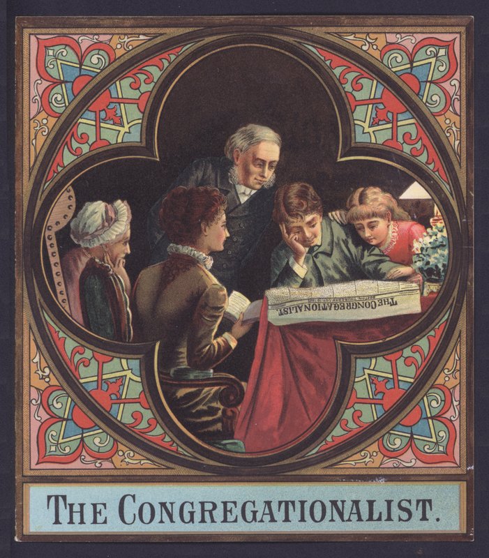 Familie læser en kopi af The Congregationalist (chromolitho) af European School