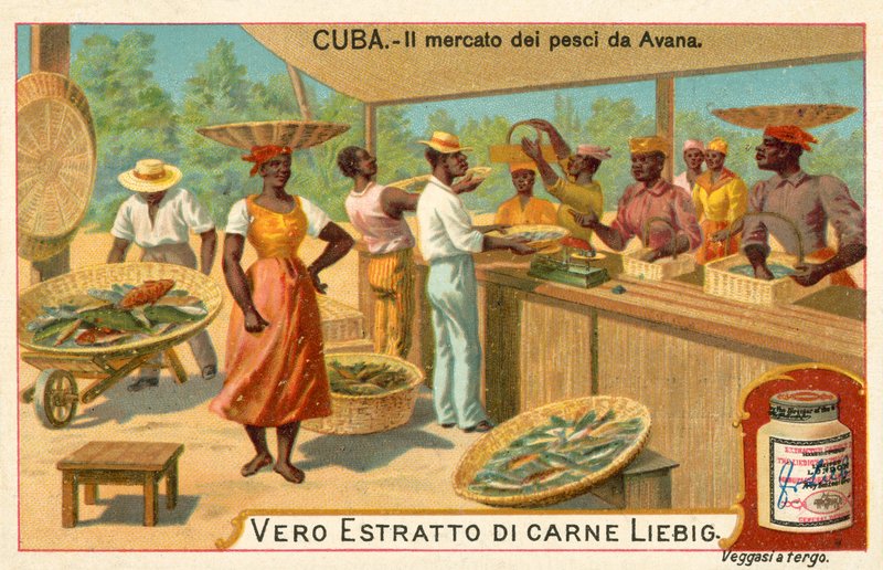 Fiskemarked i Havana, Cuba (chromolitho) af European School