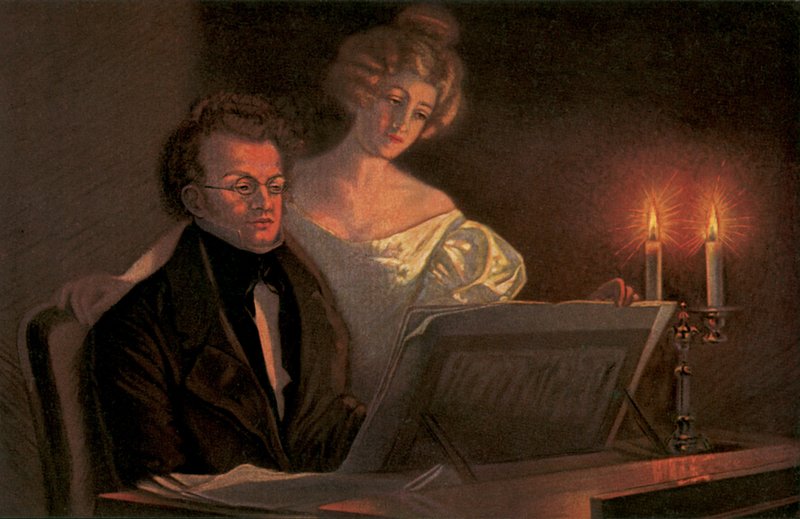 Franz Schubert ved klaveret (farvelitografi) af European School