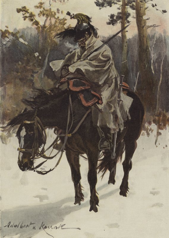 Fransk Cuirassier on Sentry Duty (1812) (farve litho) af European School