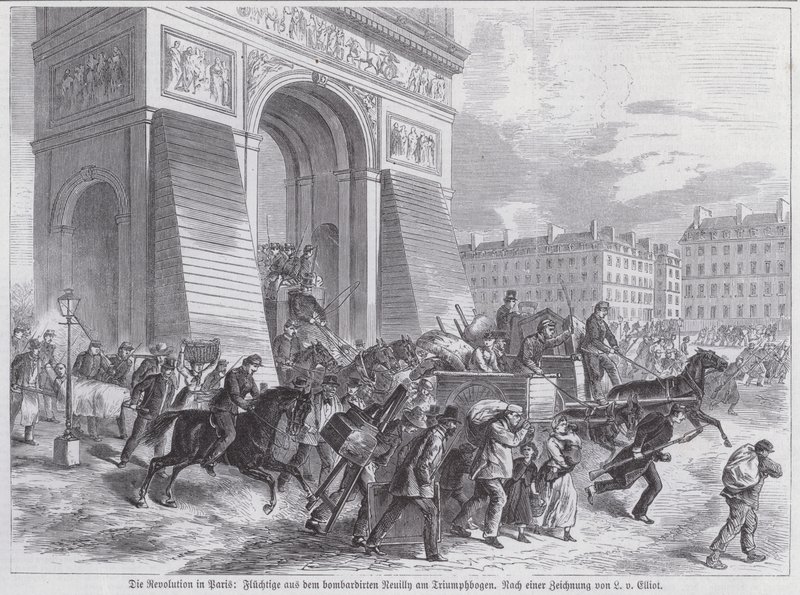 Flygtninge fra den franske hærs bombardement af Neuilly passerer Triumfbuen, Paris Kommune, april 1871 (gravering) af European School