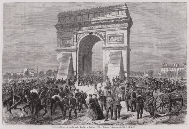 Tyske soldater ved Triumfbuen, Paris, efter at have sikret sig sejren i den fransk-preussiske krig, 2. marts 1871 (gravering) af European School