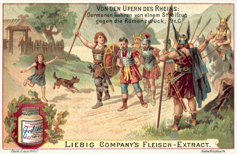 Germanske krigere vender tilbage fra et razzia mod romerne, 9 e.Kr. (chromolitho) af European School