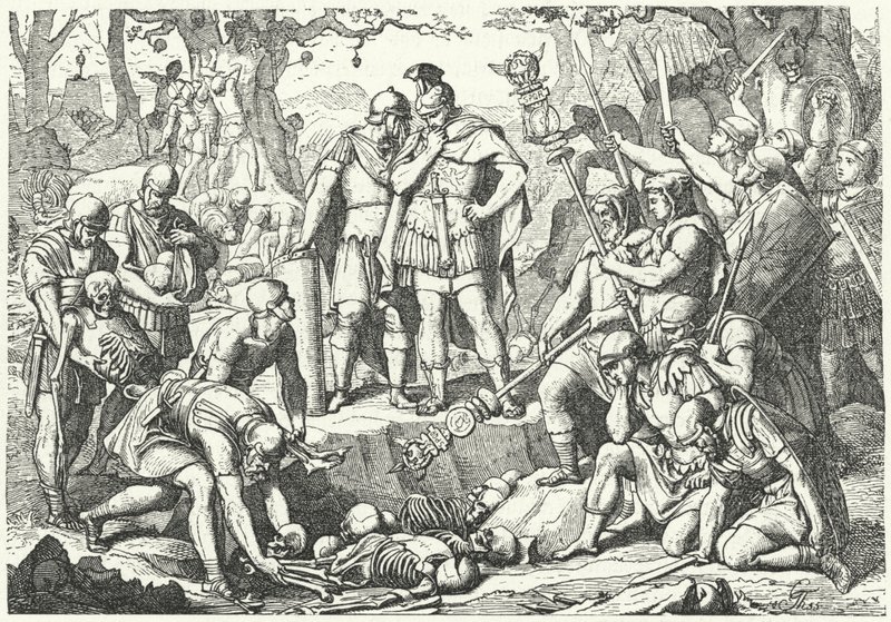 Germanicus begraver knoglerne af soldater fra de tre romerske legioner under kommando af Publius Quinctilius Varus ødelagt af tyskerne i slaget ved Teutoburgerskoven i 9 f.Kr. (gravering) af European School