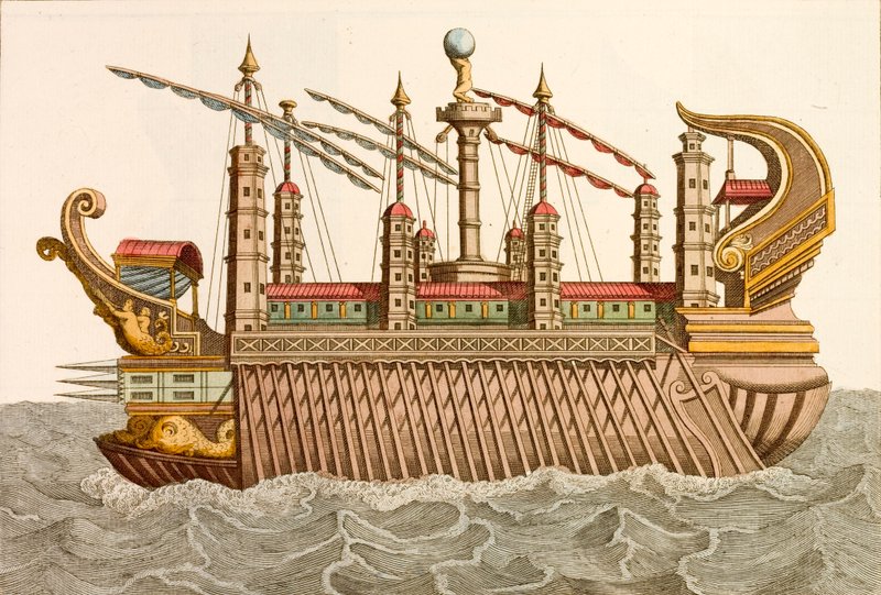 Kæmpe pram af den romerske kejser Caligula (farvet gravering) af European School
