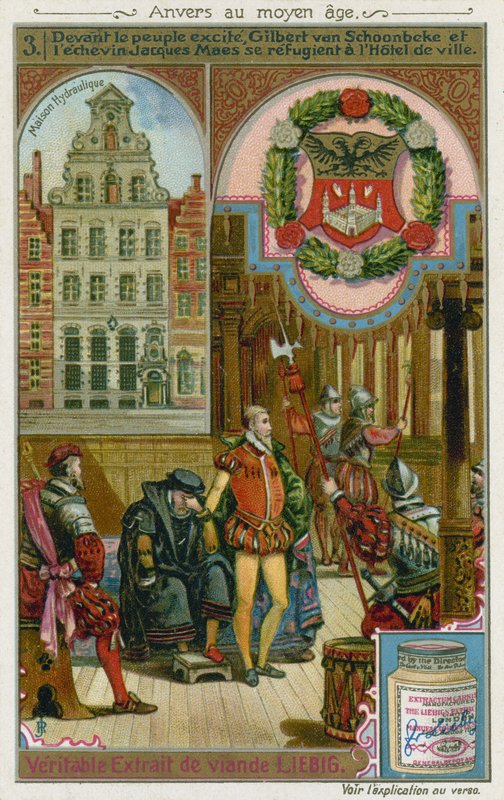 aGilbert van Schoonbeke and Pensionary Jacob Maes take refuge from the populace in the City Hall, 16th Century  af European School