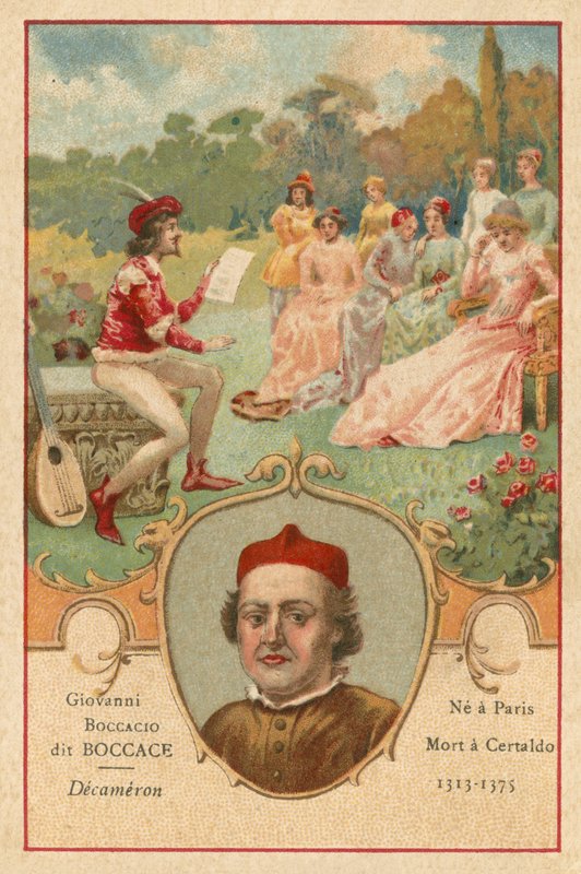 Giovanni Boccaccio, italiensk forfatter og digter, og en scene fra Decameron af European School