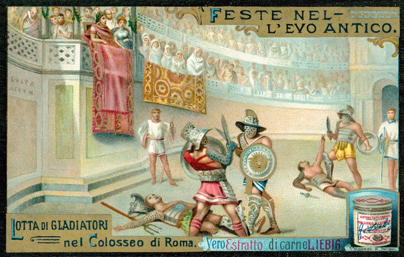 Gladiatorkamp i Colosseum, Rom (chromolitho) af European School