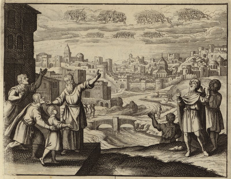 Guldklædt kavaleri i luften over Jerusalem (gravering) af European School