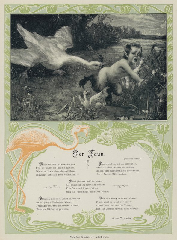 Gås, der jager en faun (farvet indgravering) af European School